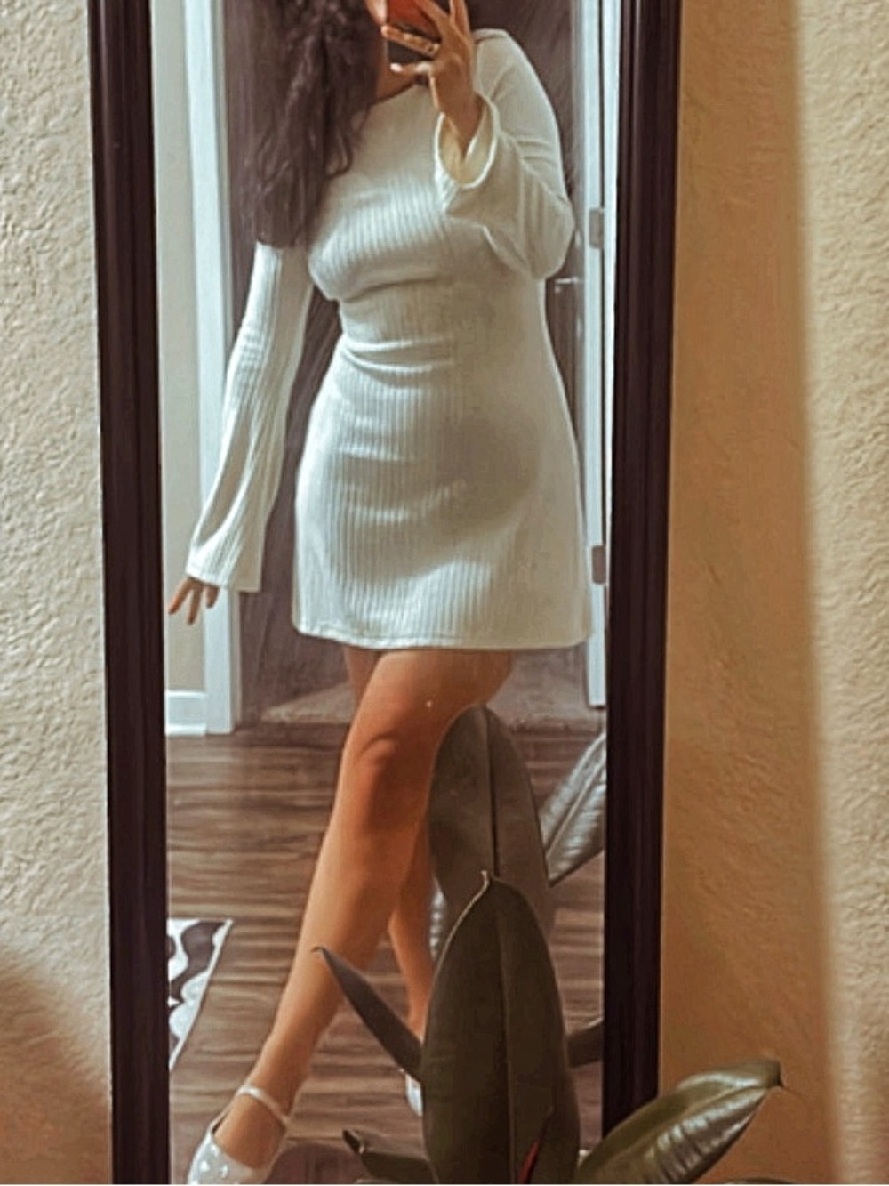 White Ribbed Long-Sleeve Knit Dress